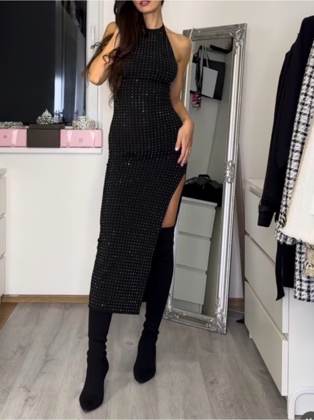 Zara Black Studded High-Slit Halter Midi Dress